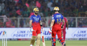 RCB ले घरेलु मैदानमा ११ रनले RR लाई हरायो